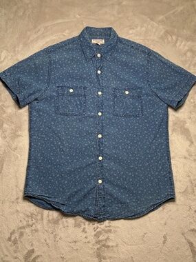 Wallace & Barnes Button Up‎ Shirt Mens M Blue Polka Dot Short Sleeve Preppy
